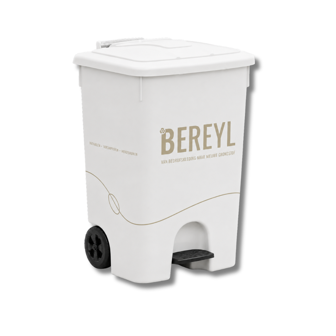Bereyl-inzamelbak van de zijkant met bestickering en voetbediening.
