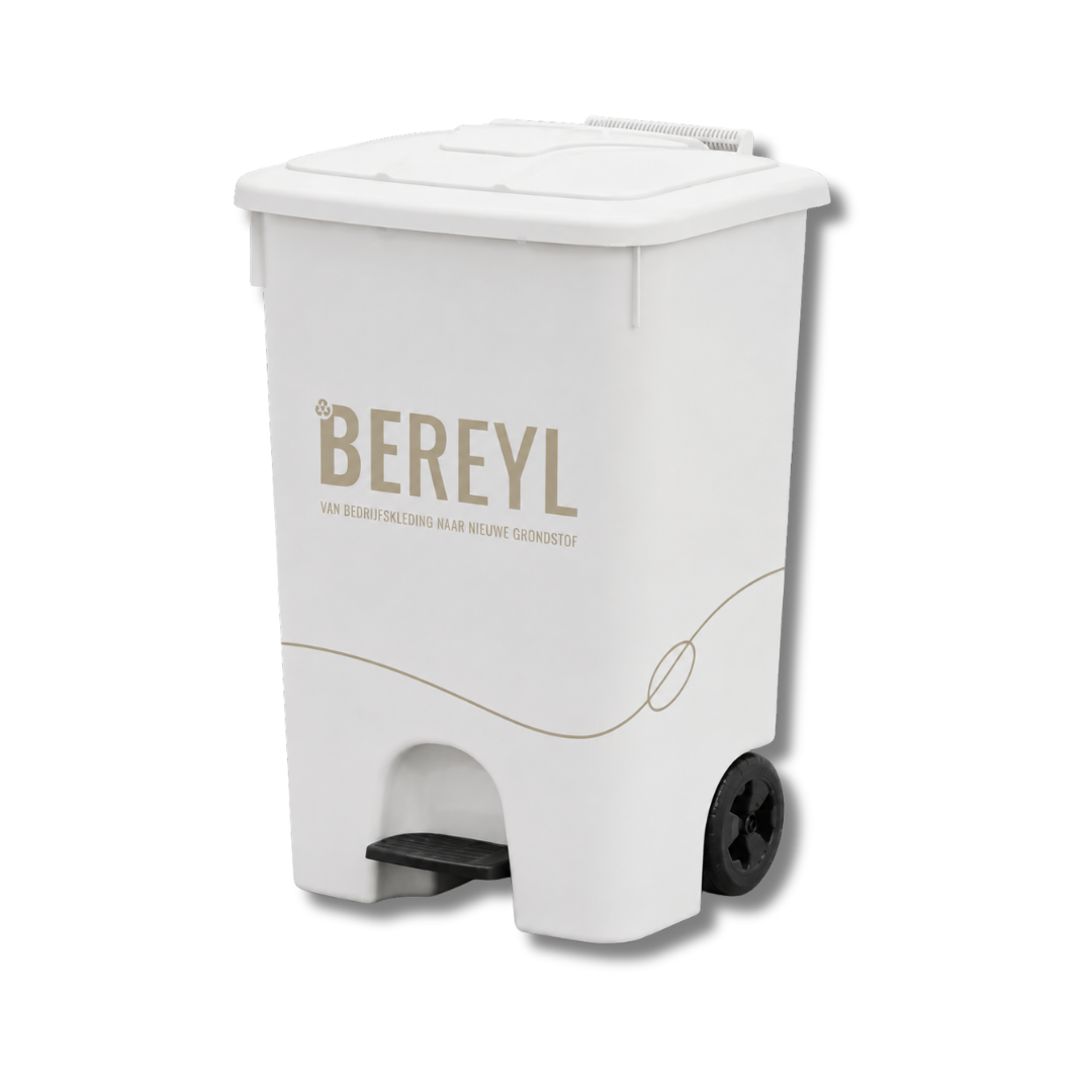 Witte verrijdbare Bereyl-inzamelbak voor afgedragen bedrijfskleding.